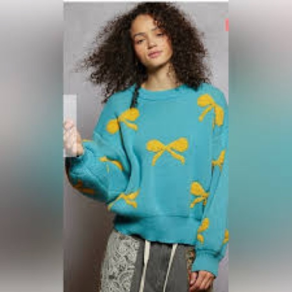 POL Women's Teal Sweater with Yellow Bow Details - Picture 8 of 10